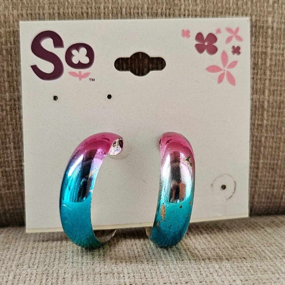 SO Women Earrings Gold/Blue Tone Hoop Fashion Jewelry New with defect